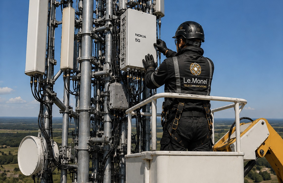 Le.Monel technician replacing a 5G radio unit on a tower from an elevated work platform