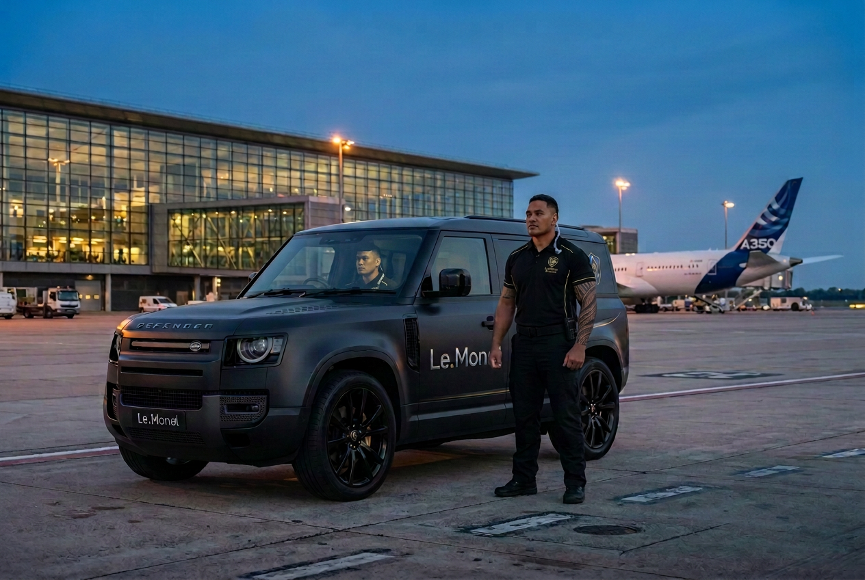 Two Le.Monel Security officers with radio earpieces — one standing beside the matte black Defender patrol vehicle and one at the wheel — on an airport apron at dusk