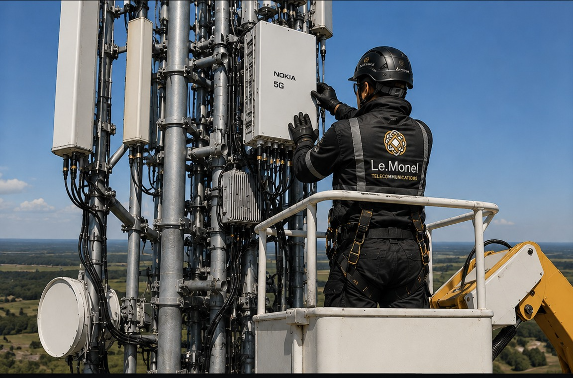 Le.Monel technician installing a Nokia 5G radio unit on a mobile tower