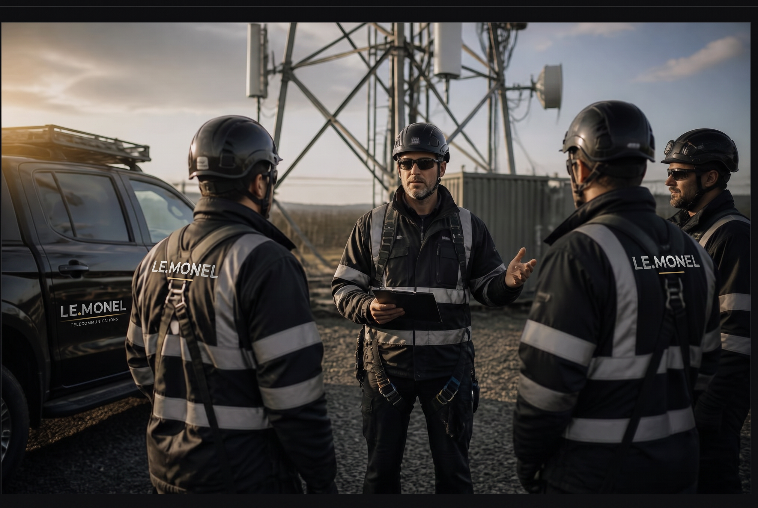 Le.Monel technicians working on a communications tower at sunset