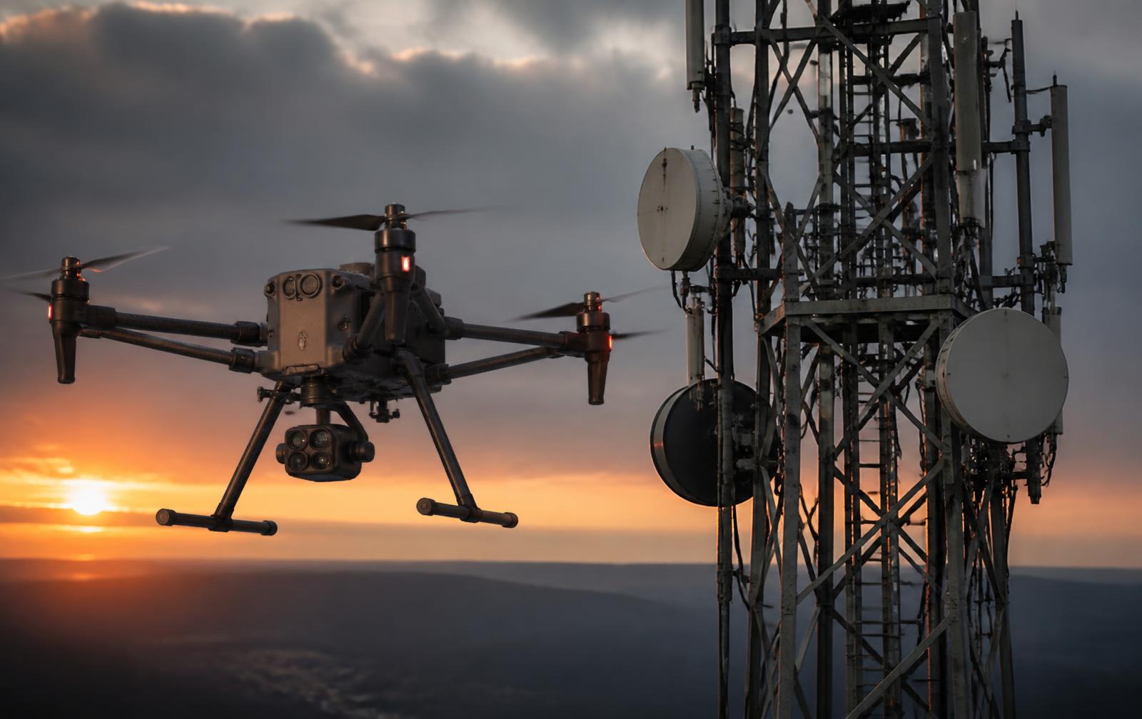 Enterprise survey drone inspecting a telecommunications tower at dusk